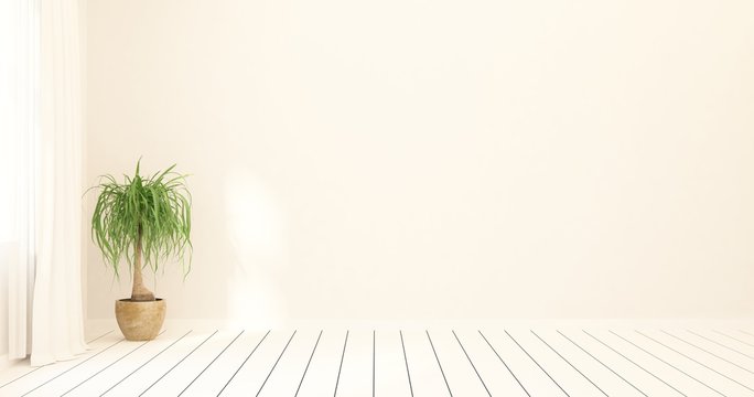 White minimalist empty room in hight resoltion with green flower. Scandinavian interior design. 3D illustration