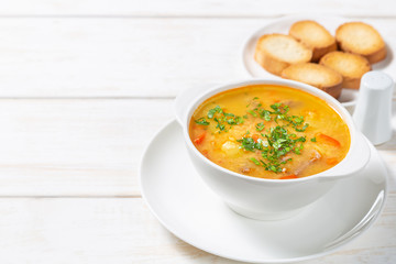 Red lentil soup with vegetables. The view from the top. Copy-space.