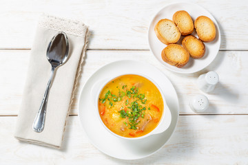 Red lentil soup with vegetables. The view from the top. Copy-space.