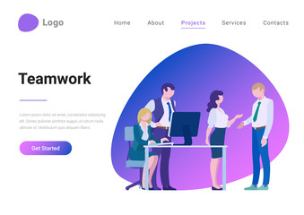 Teamwork Creative Team Flat style landing page banner vector illustration concept. Business meeting room, report or presentation. Group business people look at display and talk.