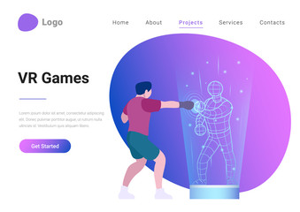 Virtual Reality Games Flat style landing page banner vector illustration. Man in Smart Gloves for VR gaming play holographic game concept.