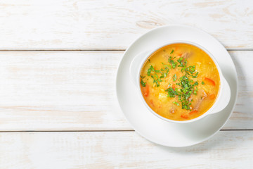Red lentil soup with vegetables. The view from the top. Copy-space.