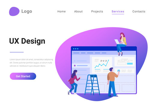 UI UX Design People Teamwork Flat Style Landing Page Banner Vector Illustration. Creative Team Creating Interface On Web Browser Window.