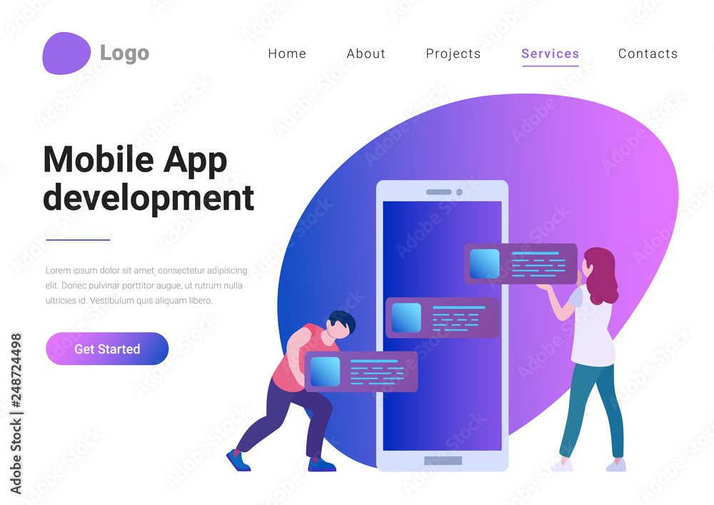 Poster mobile application web design and development flat style landing page banner vector illustration. ma