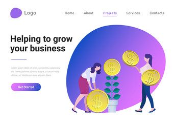 Successful Business Strategy Consulting Investment Flat style vector illustration landing page banner. Businesswoman helping take more coins from money tree. Entrepreneur grows plant with coin flower.