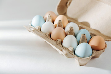 Natural Colored brown and white Eggs in egg box with sunlights.. Compositions in pastel colors. Easter consept.