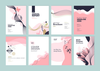 Set of brochure, annual report and cover design templates for beauty, spa, wellness, natural products, cosmetics, fashion, healthcare. Vector illustrations for business presentation, and marketing.