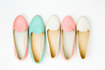 Stylish female shoes in pastel colors. Beauty and fashion concept. Flat lay, top view