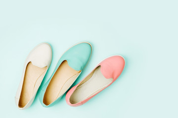 Stylish female shoes in pastel colors. Beauty and fashion concept. Flat lay, top view