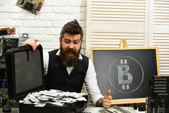 So good to be rich. Bearded man with cash money. Business man in server room. Bearded hipster with bitcoin symbol and dollars. From paper money to crypto currency. Bitcoin for business