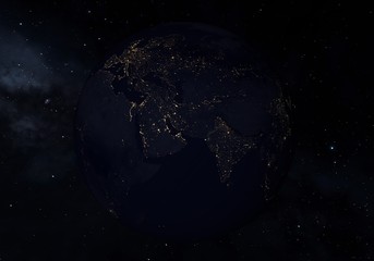 Fototapeta na wymiar Earth at night, city lights from orbit. 3D illustration.