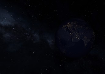 Earth at night, city lights from orbit. 3D illustration.