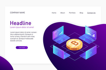 Isometric concept of mining bitcoin using laptop.