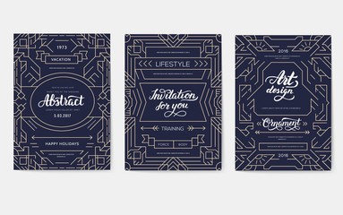 Abstract vector brochure cards set. Outline art template of flyear, magazines, posters, book cover, banners. Colorful thin line invitation concept background. Layout ornament illustrations modern page
