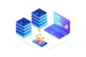 Isometric concept of mining bitcoin using laptop.