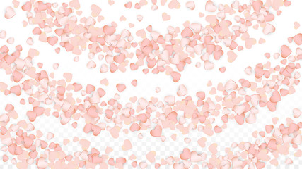 Love Hearts Confetti Falling Background. St. Valentine's Day pattern Romantic Scattered Hearts. Vector Illustration for Cards, Banners, Posters, Flyers for Wedding, Anniversary, Birthday Party, Sales.