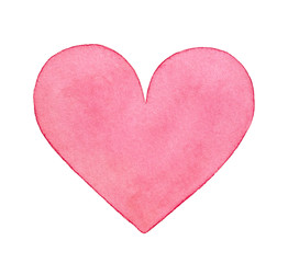 Pink watercolor heart illustration. One single object, light pastel colour, beautiful shape. Handdrawn water color painting on white backdrop, cutout clipart element for design, prints, scrapbooking.