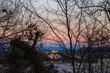 View of the Angera fortress at sunset