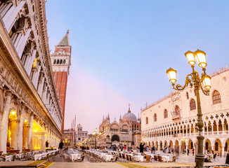 Fototapeta na wymiar 24 OCTOBER 2018, VENICE, ITALY: Famous tourist landmark San Marco Square in Venice at night time