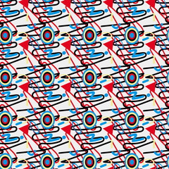 Vector Seamless Retro 80's Jumble Geometric Line Shapes Blue Red Color Hipster Pattern on white ct Background eps10
