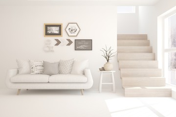 White stylish minimalist room with sofa. Scandinavian interior design. 3D illustration