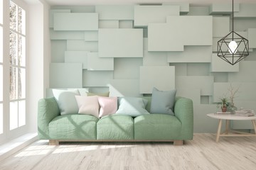 Green stylish minimalist room with sofa and brick wall. Scandinavian interior design. 3D illustration