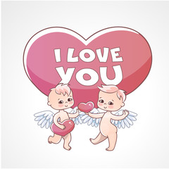 Angels babies stickers for gift on valentines day. Angels with hearts in their hands. Postcard and declaration of love