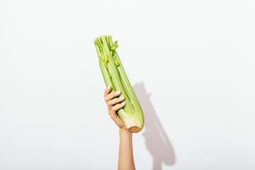 Female's hand with manicure holding bunch celery