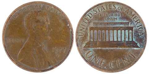 American coin of one cent 1977 on a white background