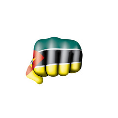 Mozambique flag and hand on white background. Vector illustration