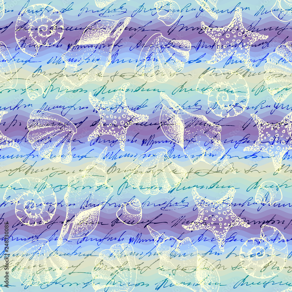 Poster blue waves pattern and hand draw in marine style.