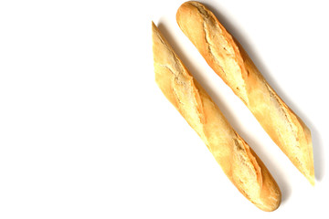 Fresh french roll baked crunchy baguette bread isolated on white background. Top view. Closeup of crust of bread food background. Natural lighting