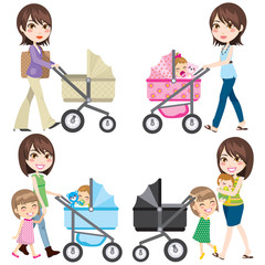 Mom with stroller walking in different clothing with baby and daughter