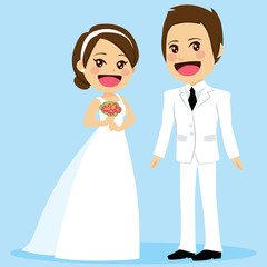 Young cute wedding bride and groom standing posing looking at front with blue background