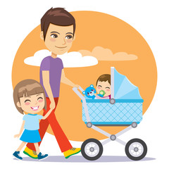 Young father walking holding hands with daughter girl and pushing baby Pram