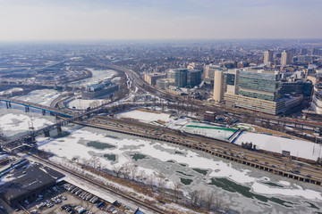 Aerial drone image of hospitals Downtown Philadelphia PA winter snow