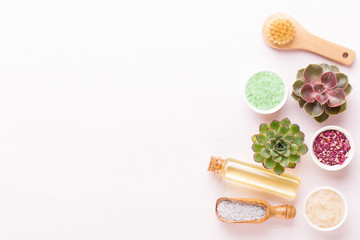 Spa background with handmade bio cosmetic and  cactus composition, flat lay, space for a text - Image.