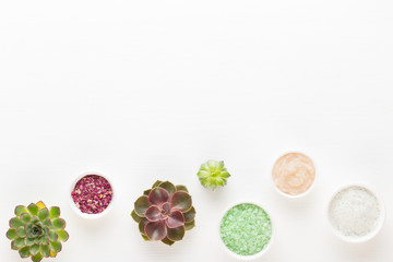 Bio herbal green cosmetic arrangement, sea salt and handmade cosmetic.