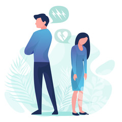 Family quarrel. Unhappy couple. Conflict in relations, disagreements. A man and a woman are angry with each other. Vector illustration in a flat style