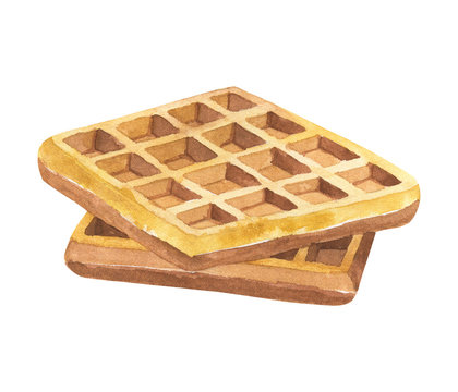 Belgian waffles. Hand drawn watercolor illustration. Isolated on white background.
