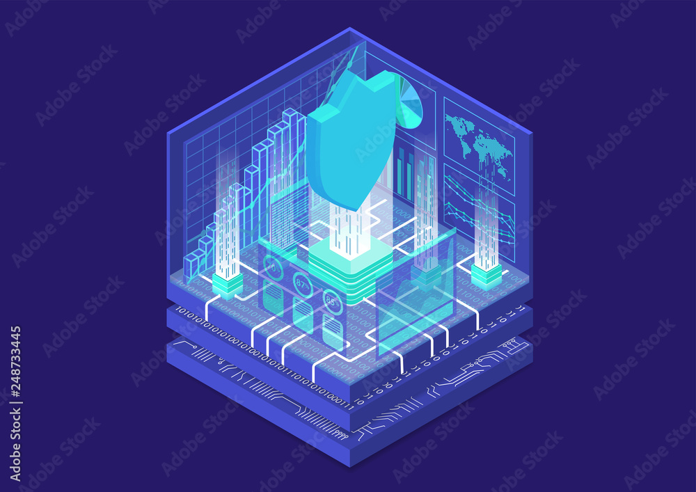 Aufkleber it security concept with symbol of shield and analytics dashboard as isometric vector illustration