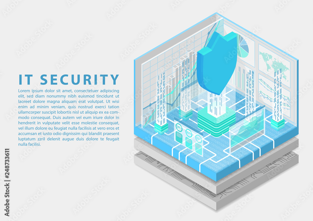 Wall mural it security concept with symbol of shield and analytics dashboard as isometric vector illustration