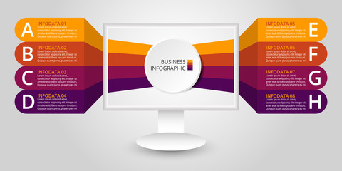 Vector infographic template with 3D paper label, integrated circles. Business concept with 8 options. For content, diagram, flowchart, steps, parts, timeline infographics, chart.