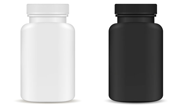 Plastic Pill Bottle Kit. Supplement Container. 3d Pharmaceutical Box for Capsule. Medical Jar Pack in Black and White Design. Prescription Tablet Product Package. Remedy Mockup.