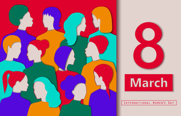 International women's day illustration. Different races women's paper cutouts. 8 of March card.