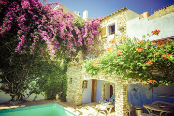 Fototapeta na wymiar beautiful large house with pool in the garden, patio full of flowers