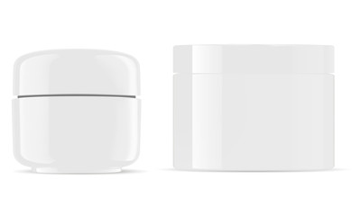 White Cosmetic Cream Jar. Shiny Container Mockup. Scrub, Balm or Body Butter 3d Packaging. Clear Luxury Design. Realistic 3d Plastic Tube with Lid. Bottle for Creme.