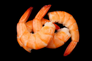shrimps isolated on a black background. top view