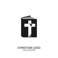 Christian church logo. Bible symbols. The Bible, the cross and the steps leading to God.