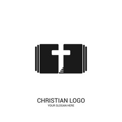 Obraz premium Christian church logo. Bible symbols. The Bible, the cross and the steps leading to God.